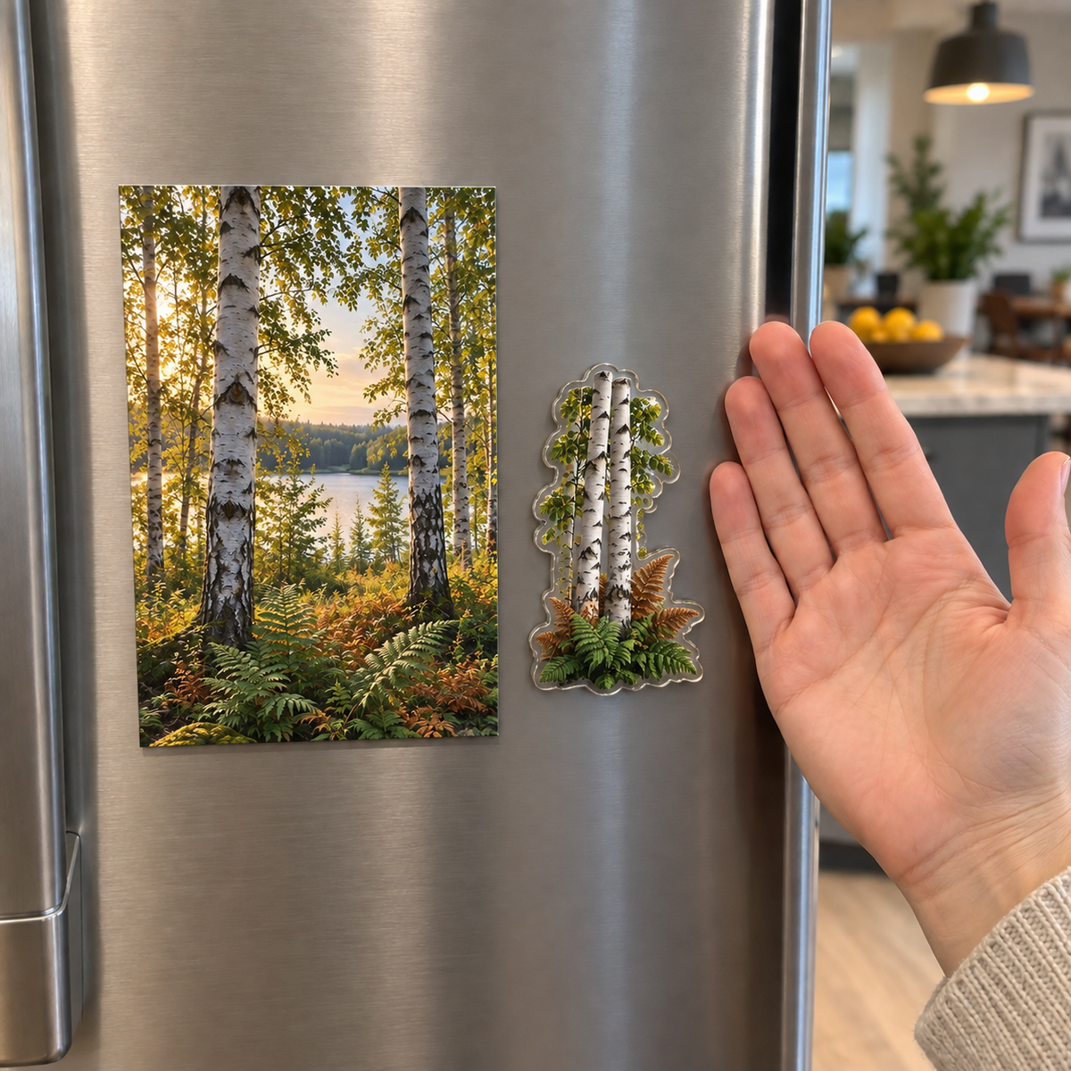Birch Grove Host Thank You Acrylic Refrigerator Magnet with printed optical 3D artwork in its use setting