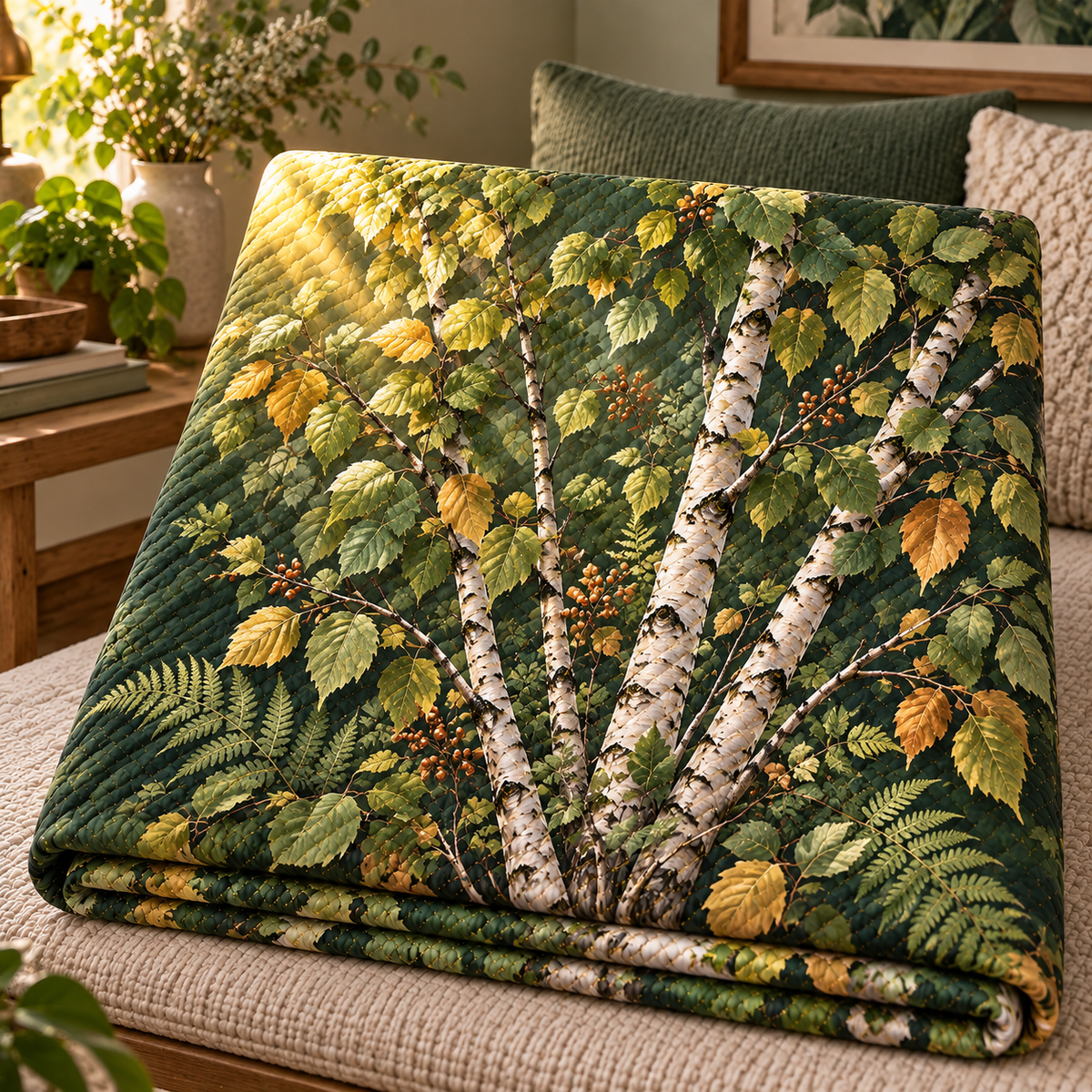 Birch Grove Host Thank You Quilt Blanket with printed optical 3D artwork in its use setting