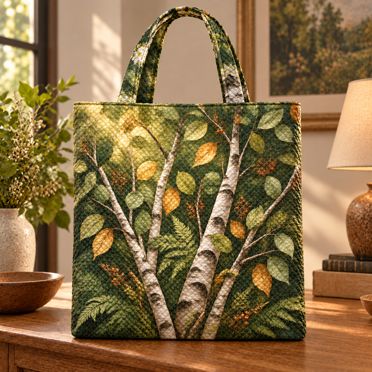 Birch Grove Host Thank You Quilted Tote Bag with printed optical 3D artwork in its use setting