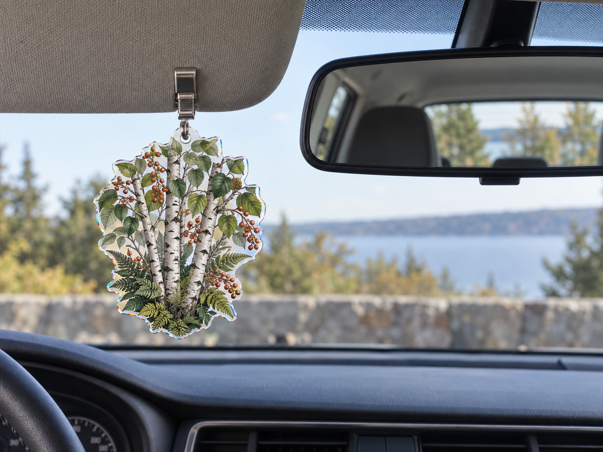 Birch Grove Host Thank You Holographic Car Visor Clip with printed optical 3D artwork in its use setting