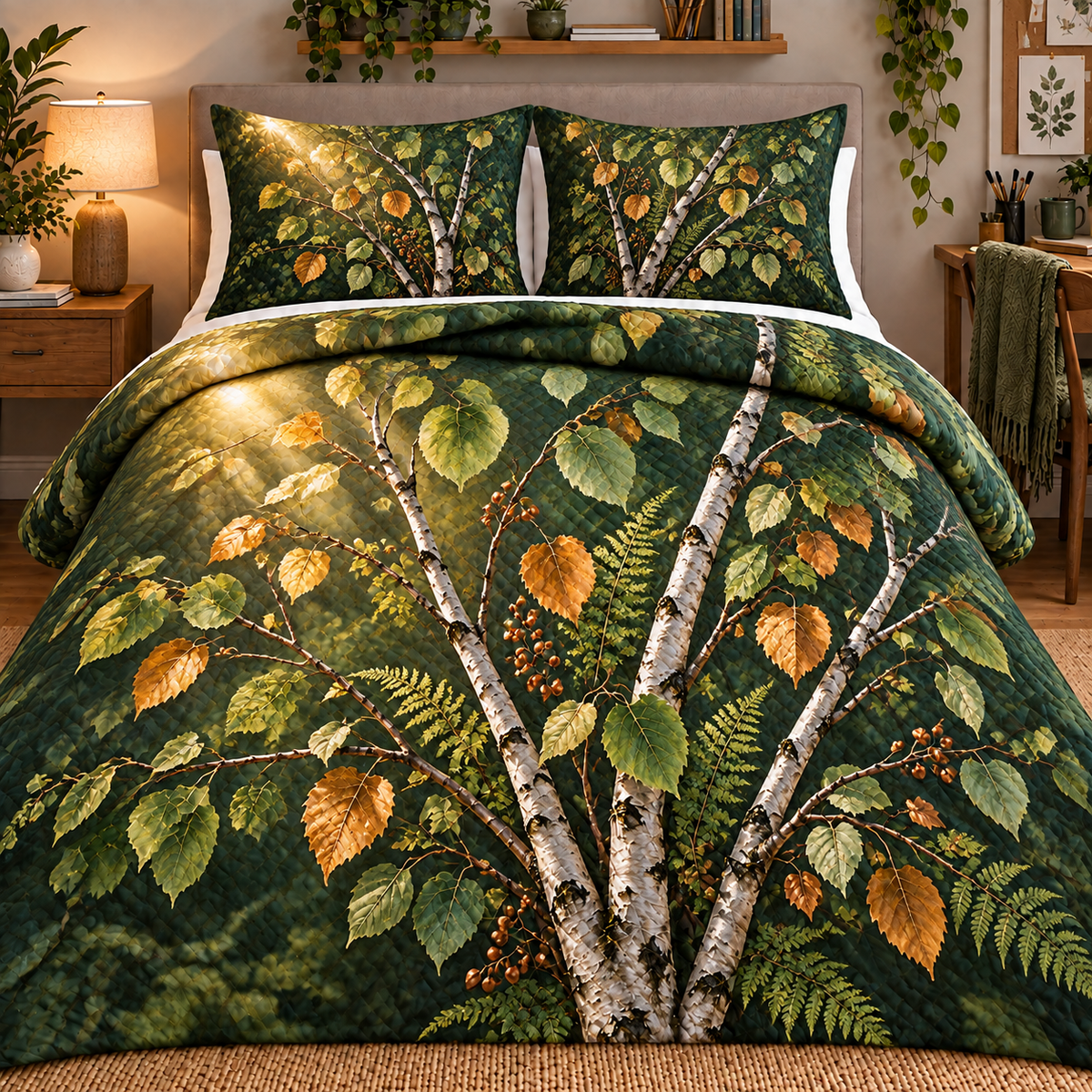 Willow Pond Reading Nook Quilted Bedding Set with printed optical 3D artwork in its use setting