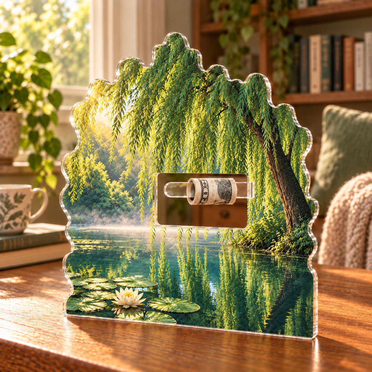 Willow Pond Reading Nook Acrylic Cash Holder Ornament with printed optical 3D artwork in its use setting