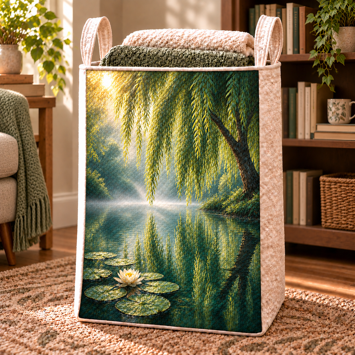 Willow Pond Reading Nook Laundry Hamper with printed optical 3D artwork in its use setting