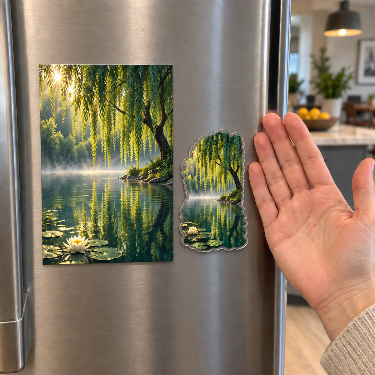 Willow Pond Reading Nook Acrylic Refrigerator Magnet with printed optical 3D artwork in its use setting