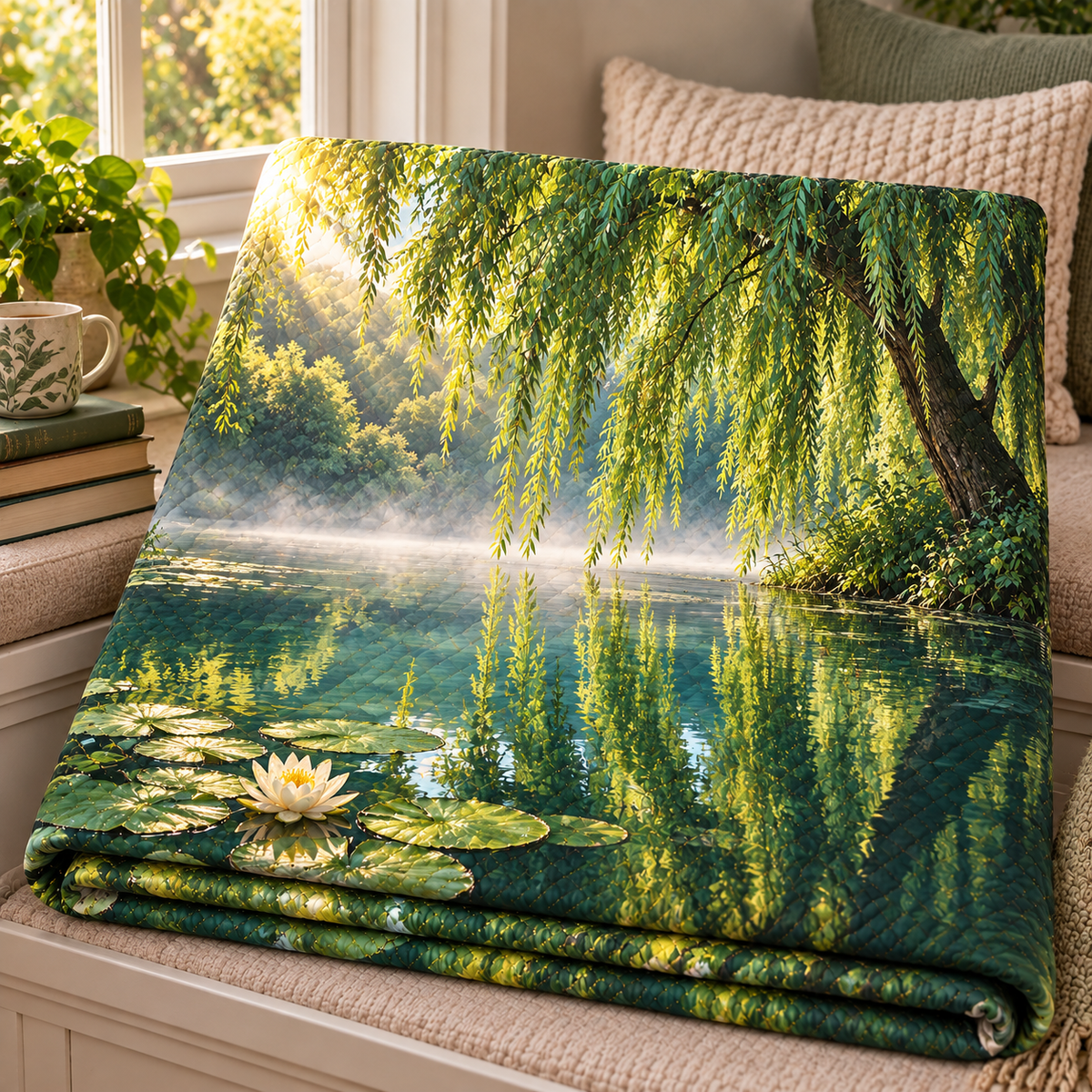 Willow Pond Reading Nook Quilt Blanket with printed optical 3D artwork in its use setting