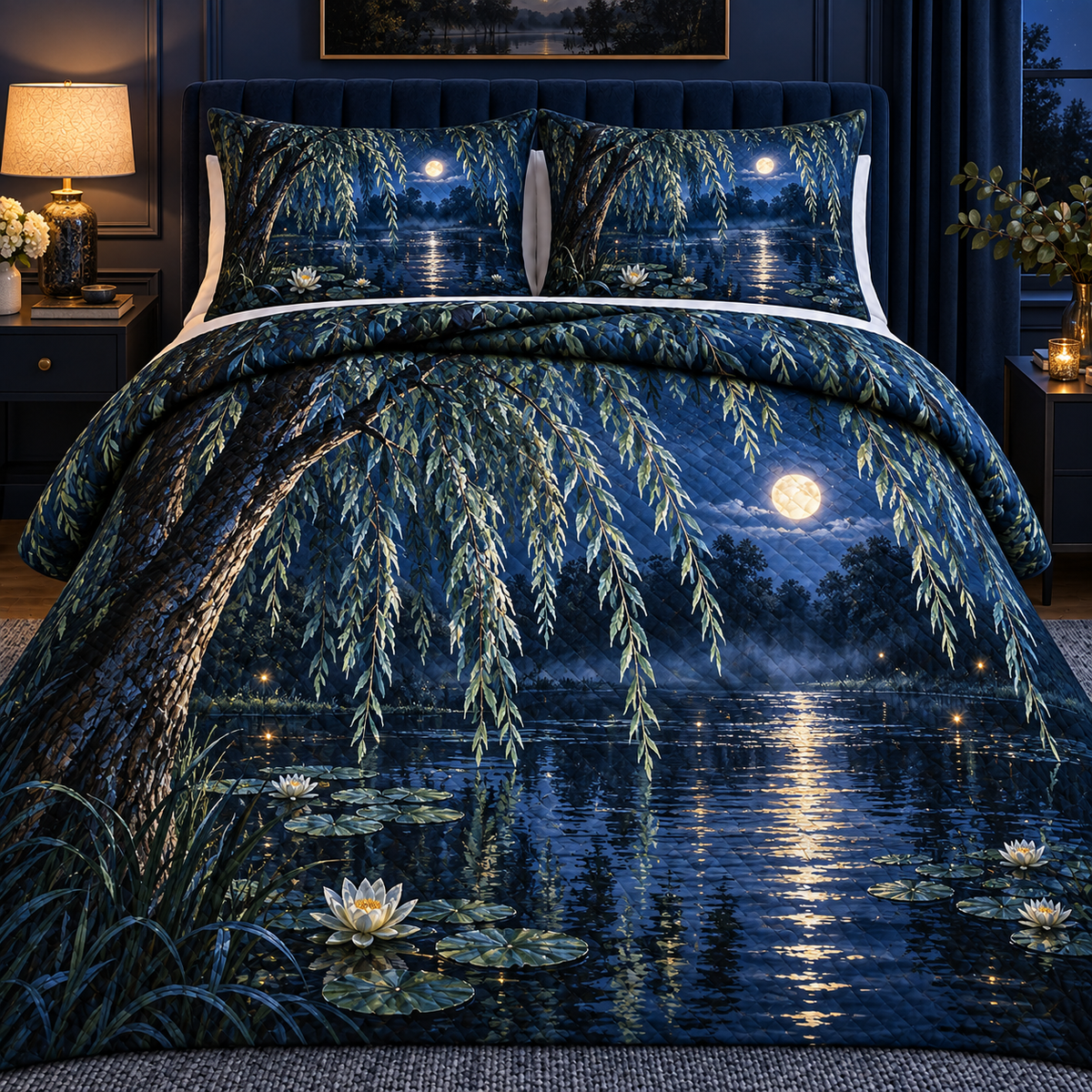 Blue Hour Willow Pond Quilted Bedding Set with printed optical 3D artwork in its use setting