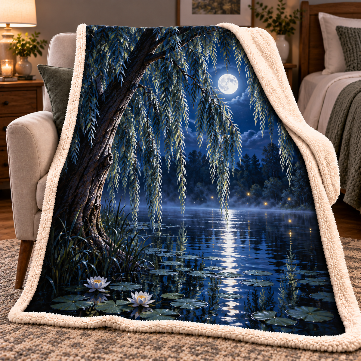 Blue Hour Willow Pond Sherpa & Fleece Blanket with printed optical 3D artwork in its use setting