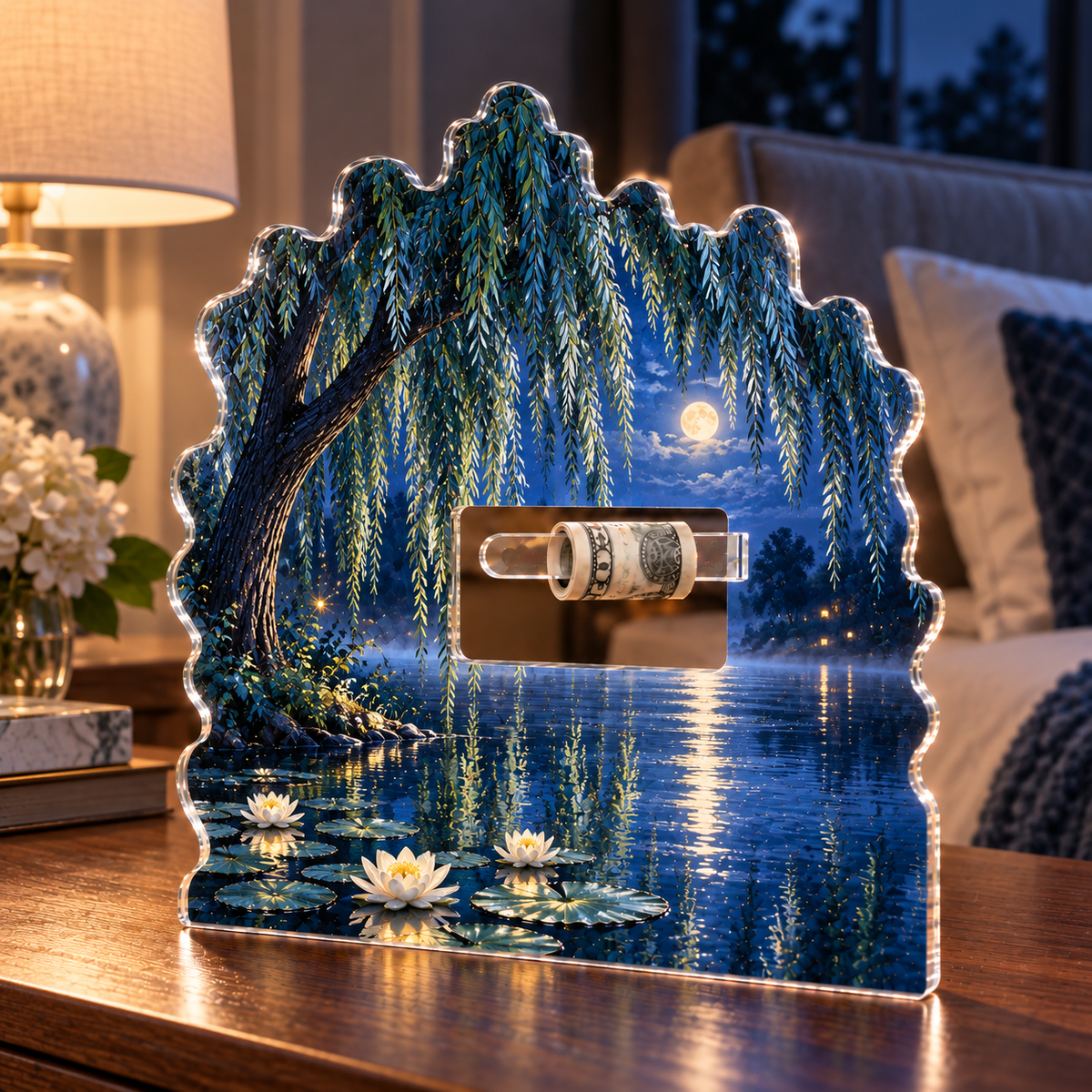 Blue Hour Willow Pond Acrylic Cash Holder Ornament with printed optical 3D artwork in its use setting