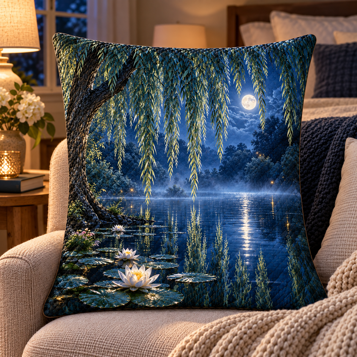 Blue Hour Willow Pond Quilted Cushion Cover with printed optical 3D artwork in its use setting