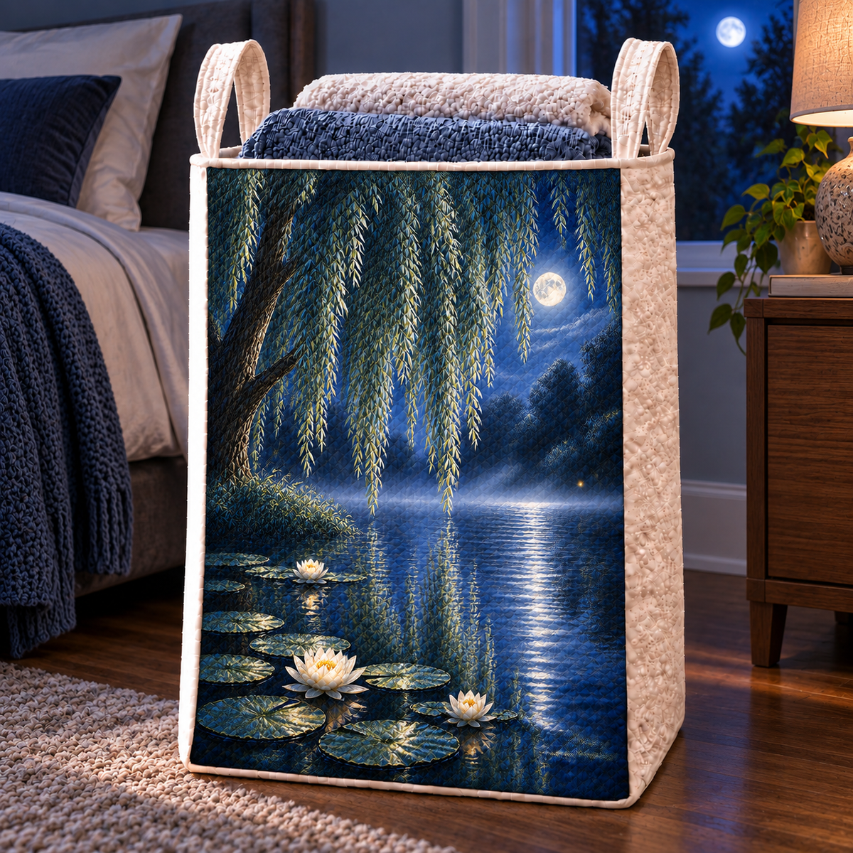 Blue Hour Willow Pond Laundry Hamper with printed optical 3D artwork in its use setting