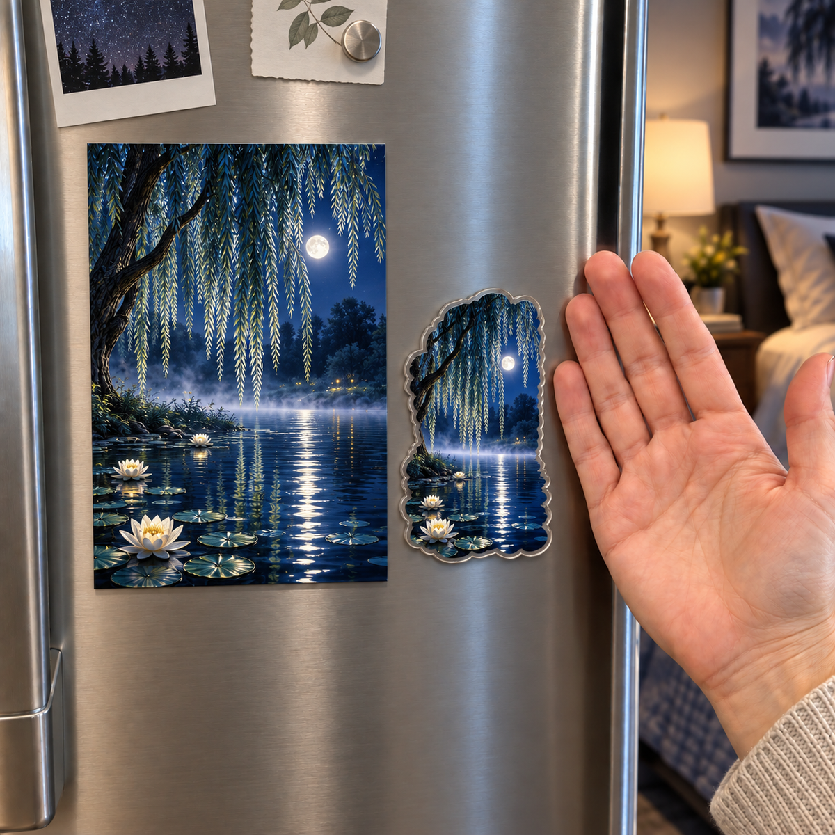 Blue Hour Willow Pond Acrylic Refrigerator Magnet with printed optical 3D artwork in its use setting