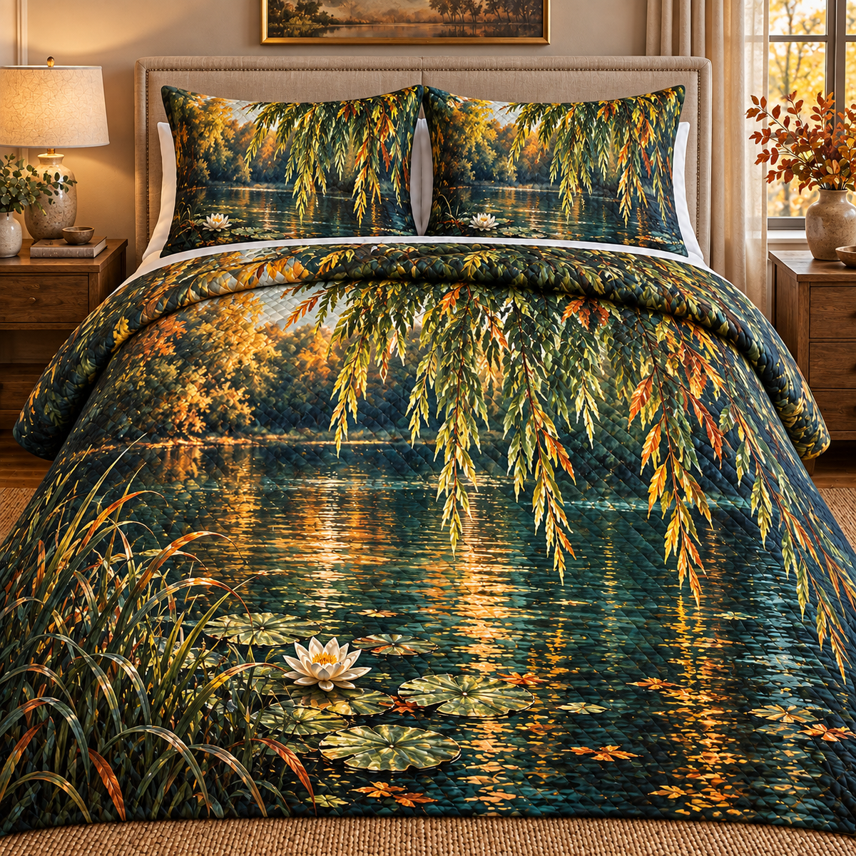 Autumn Willow Pond Quilted Bedding Set with printed optical 3D artwork in its use setting