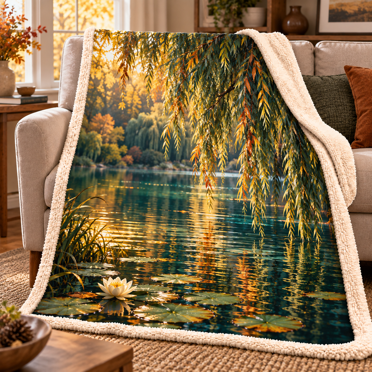 Autumn Willow Pond Sherpa & Fleece Blanket with printed optical 3D artwork in its use setting