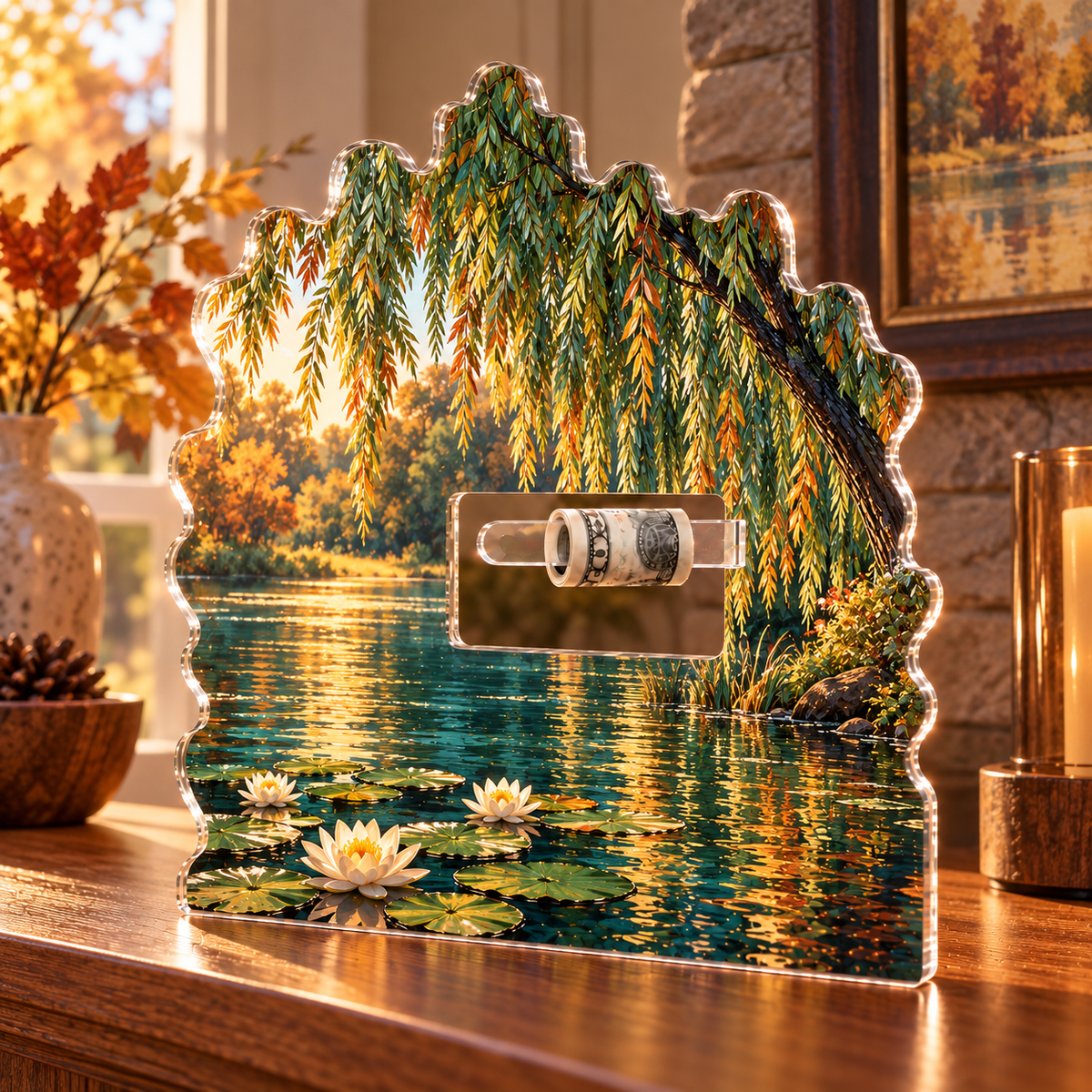 Autumn Willow Pond Acrylic Cash Holder Ornament with printed optical 3D artwork in its use setting