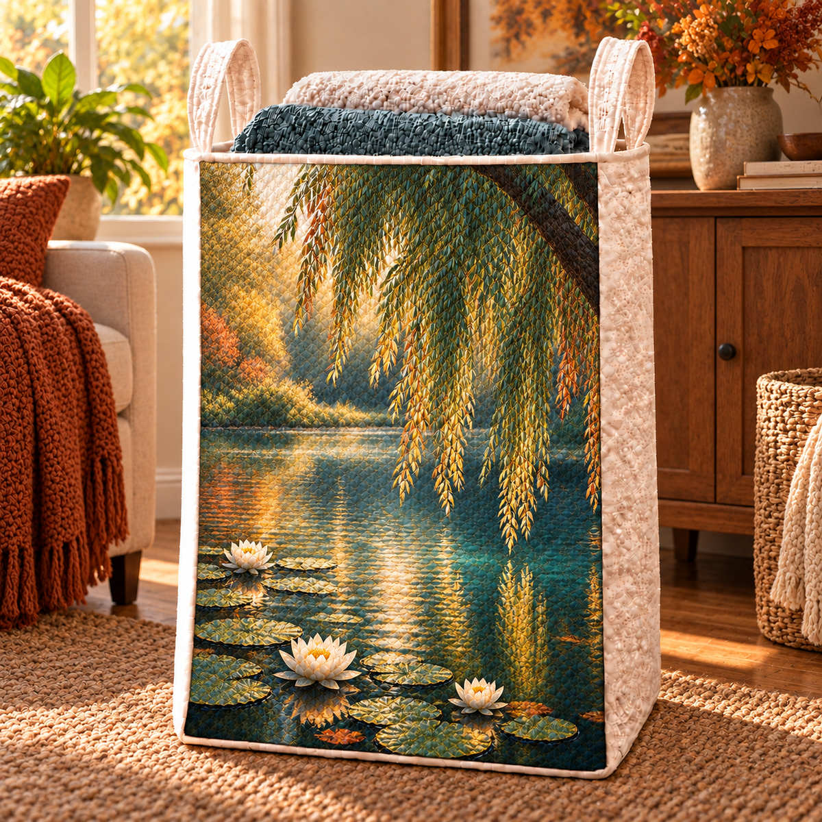 Autumn Willow Pond Laundry Hamper with printed optical 3D artwork in its use setting