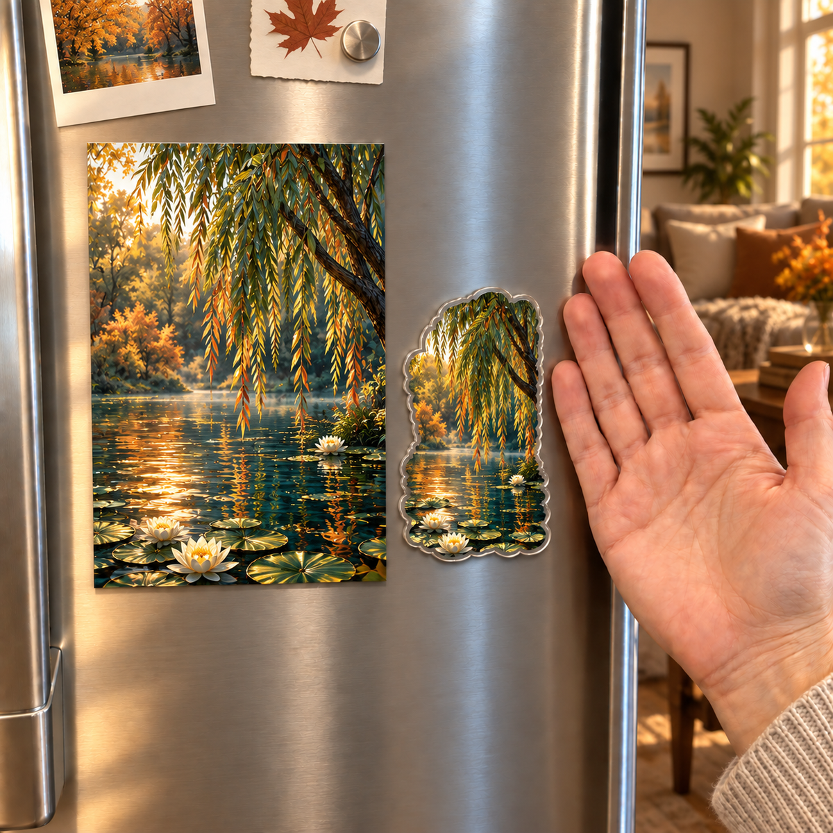 Autumn Willow Pond Acrylic Refrigerator Magnet with printed optical 3D artwork in its use setting