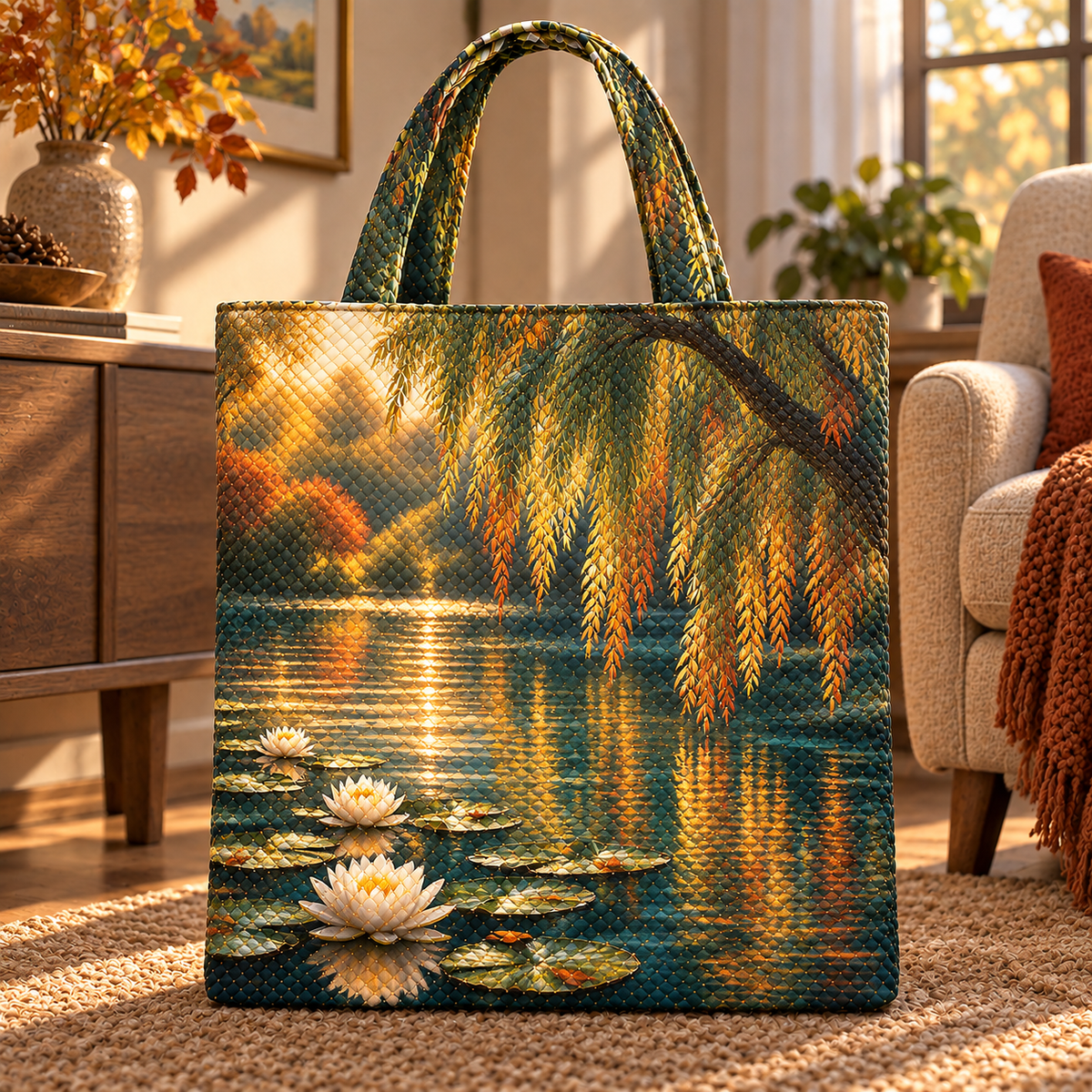 Autumn Willow Pond Quilted Tote Bag with printed optical 3D artwork in its use setting