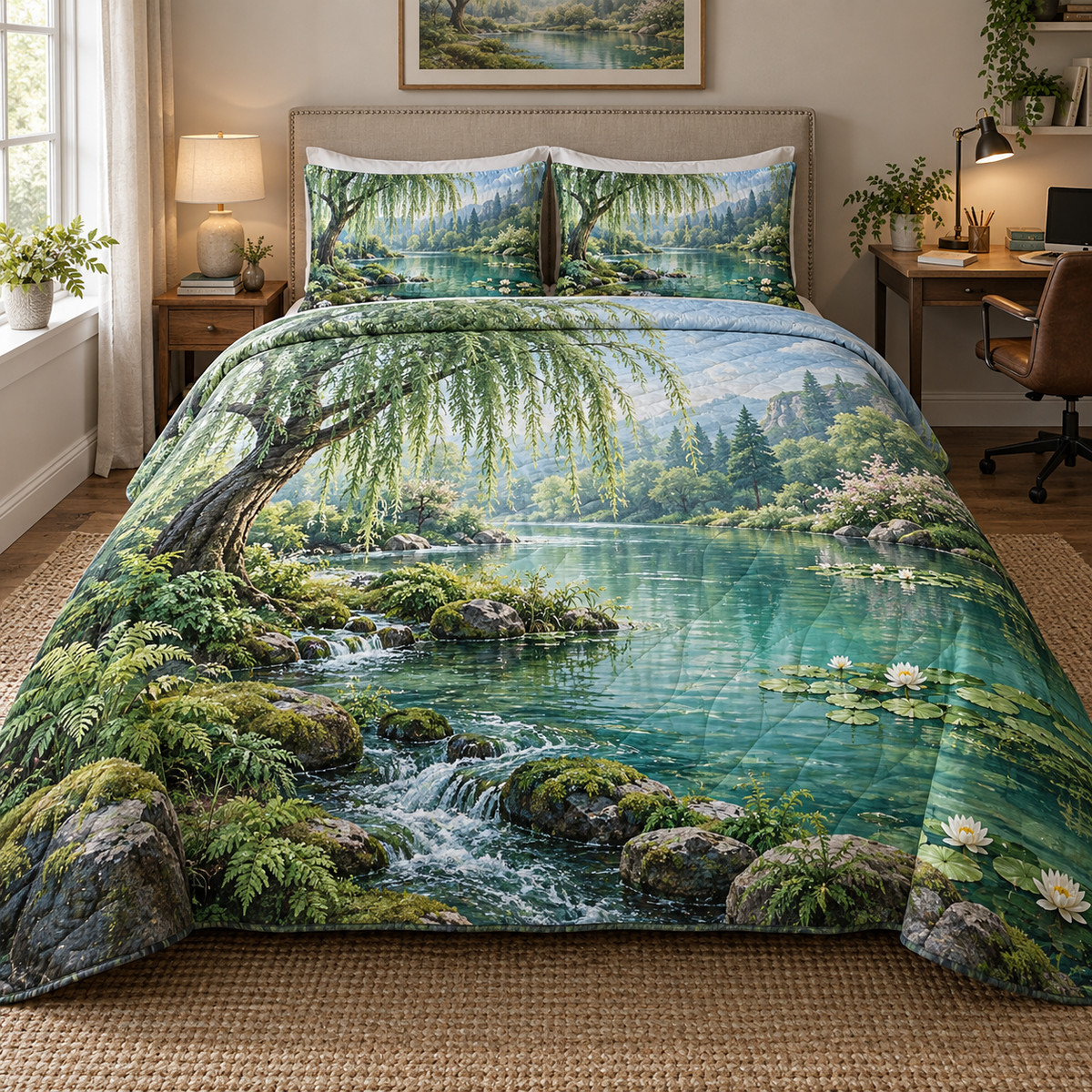 Spring Veil Willow Pond Quilted Bedding Set main lifestyle product image