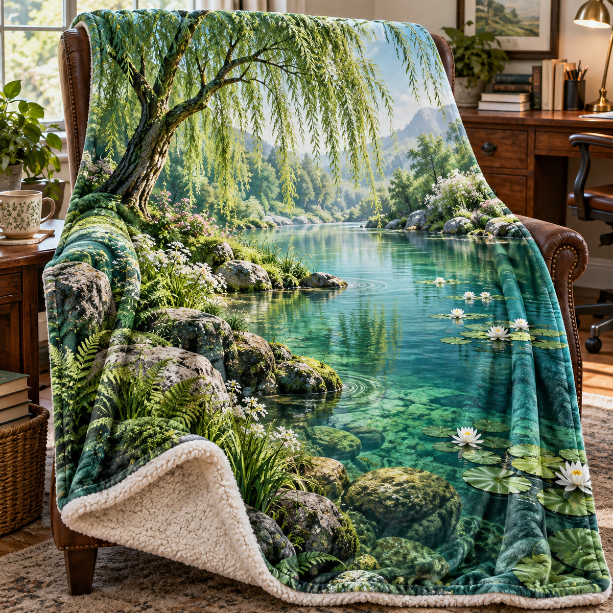 Spring Veil Willow Pond Sherpa & Fleece Blanket main lifestyle product image