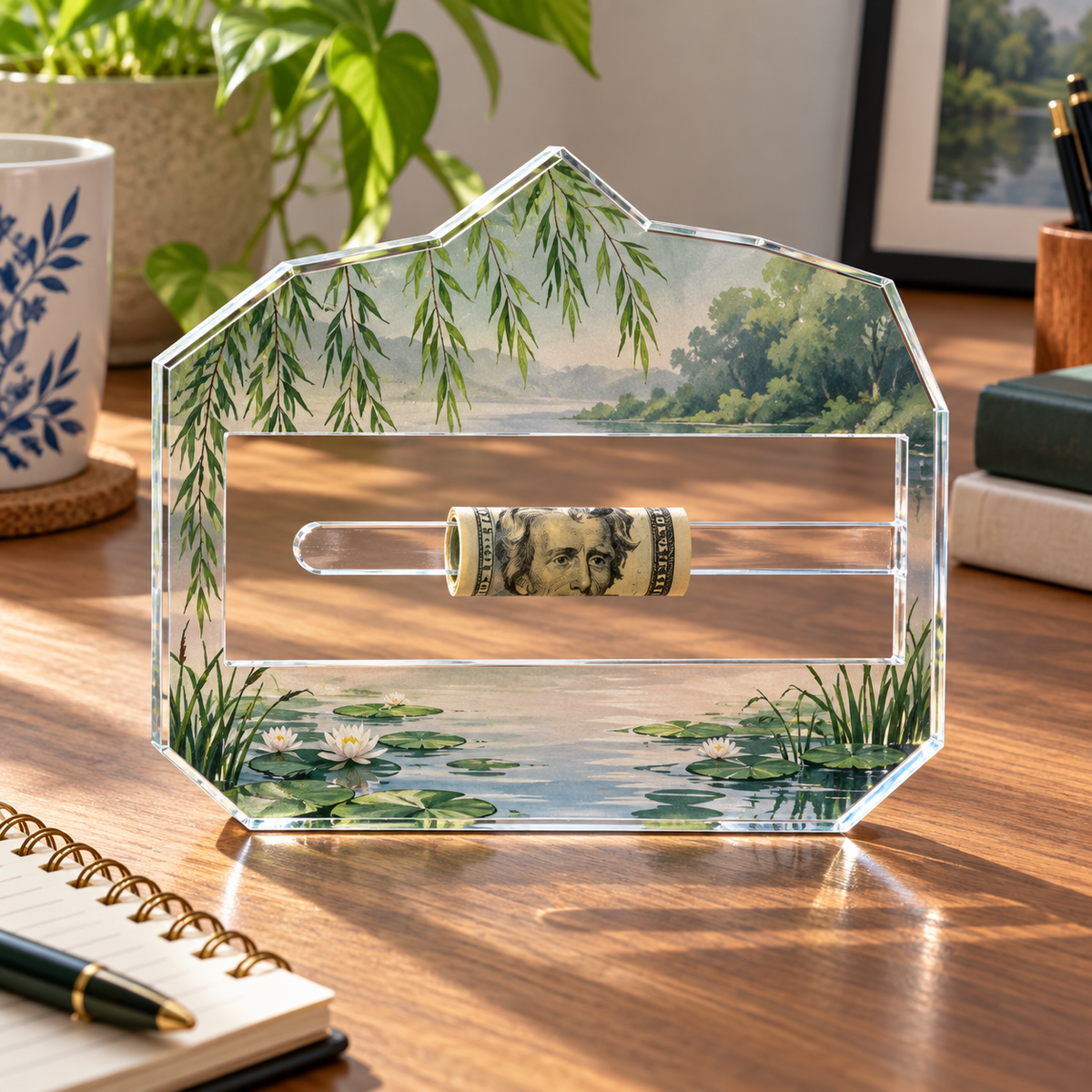 Spring Veil Willow Pond Acrylic Cash Holder Ornament main lifestyle product image