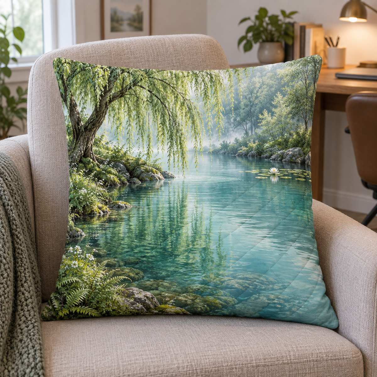 Spring Veil Willow Pond Quilted Cushion Cover main lifestyle product image