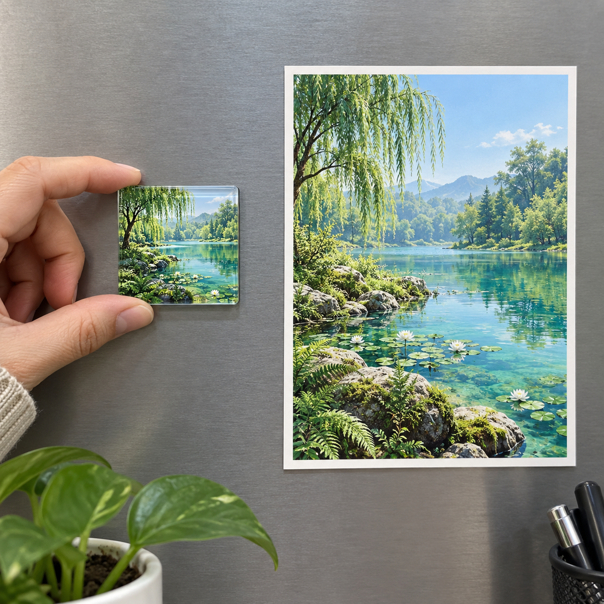 Spring Veil Willow Pond Acrylic Refrigerator Magnet main lifestyle product image