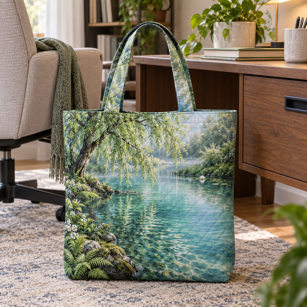 Spring Veil Willow Pond Quilted Tote Bag main lifestyle product image