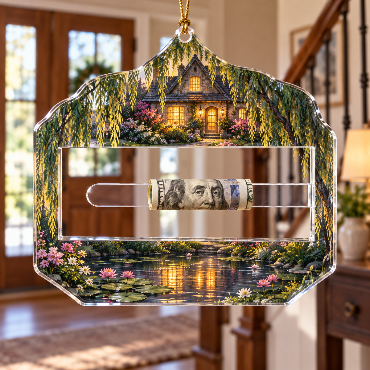Willow Welcome Arch Acrylic Cash Holder Ornament: Willow Welcome Arch printed artwork in its real use setting