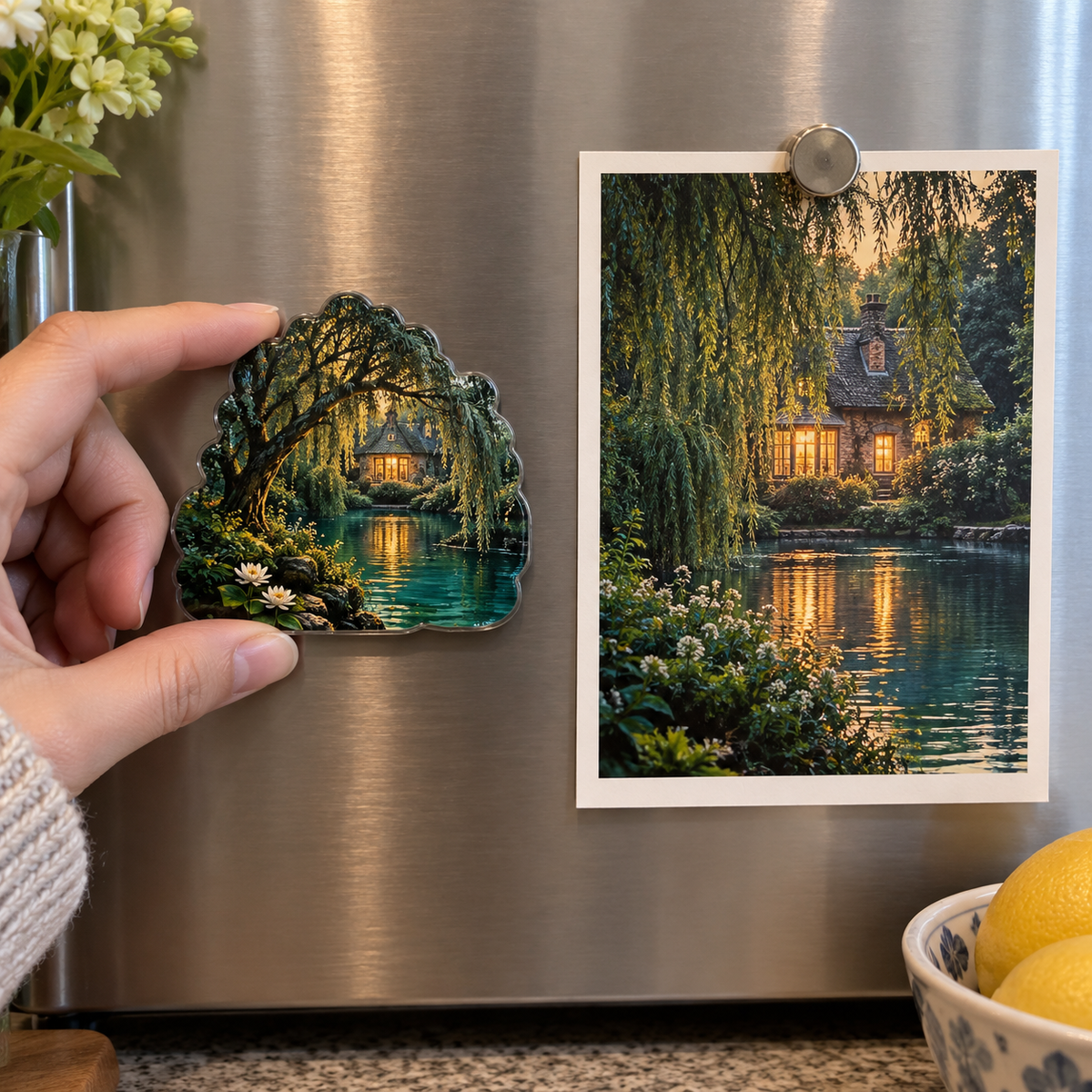 Willow Welcome Arch Acrylic Refrigerator Magnet: Willow Welcome Arch printed artwork in its real use setting