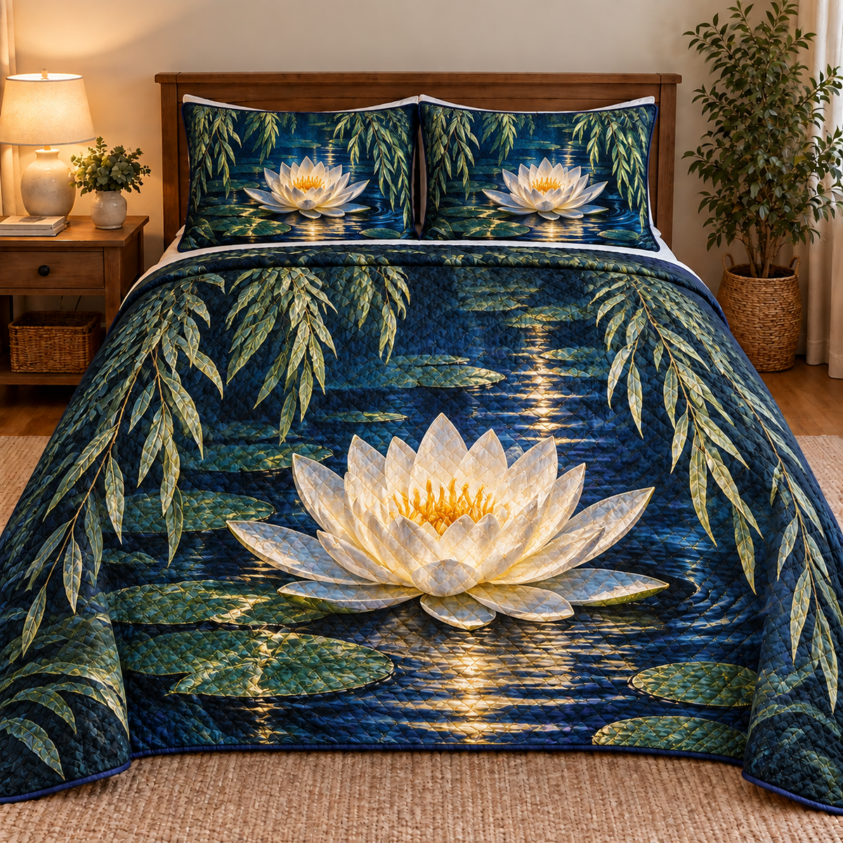 Willow Reedlight Gallery Quilted Bedding Set with printed optical 3D artwork in its use setting