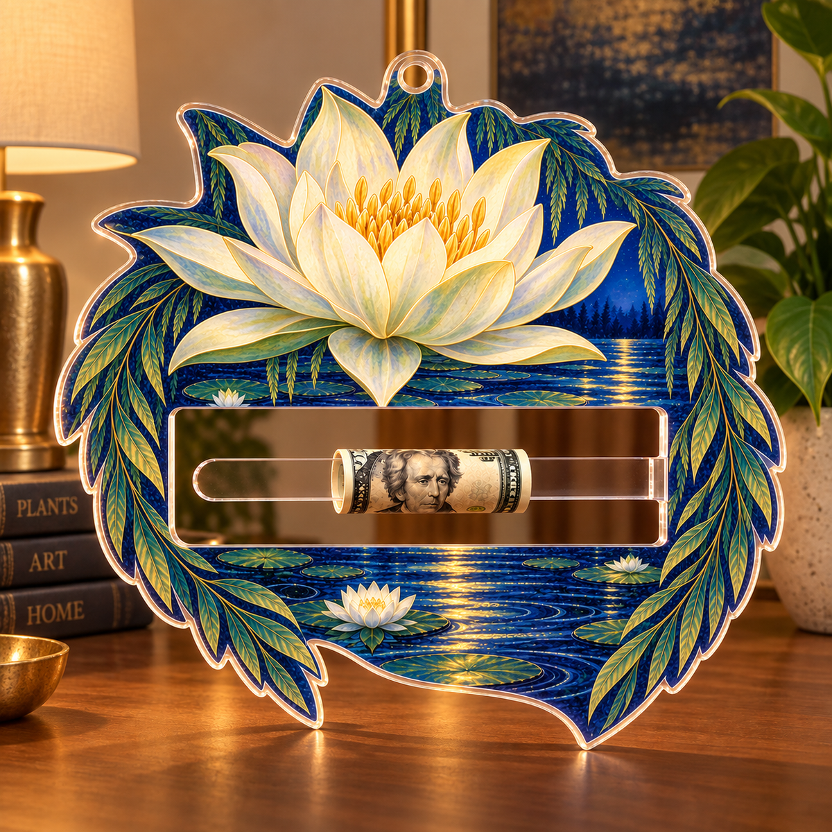 Willow Reedlight Gallery Acrylic Cash Holder Ornament with printed optical 3D artwork in its use setting