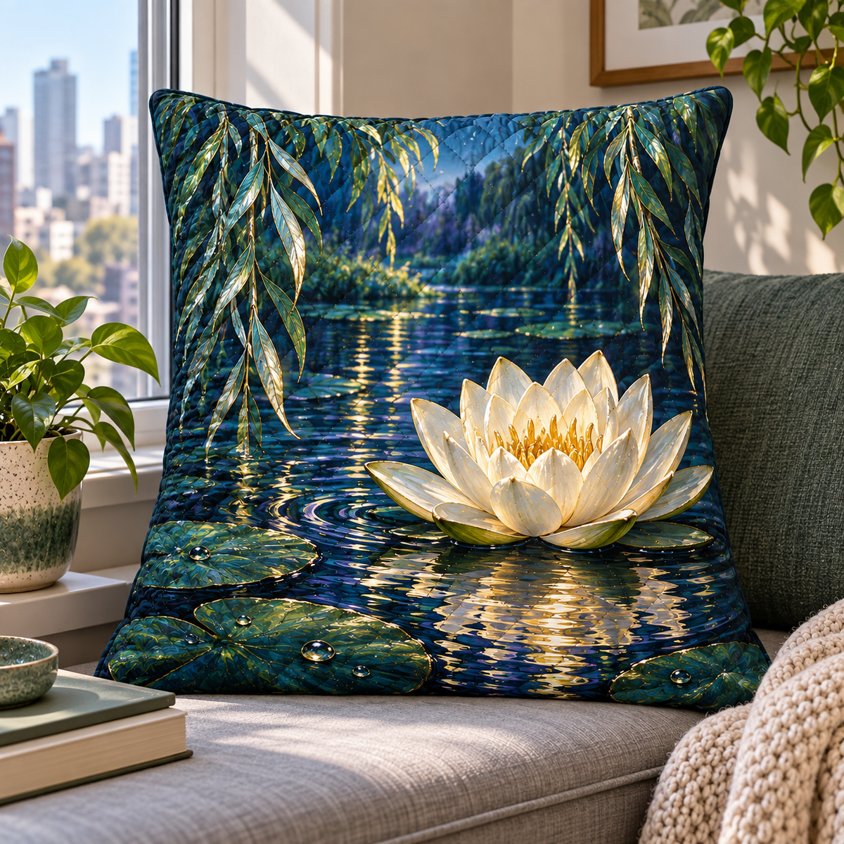 Willow Reedlight Gallery Quilted Cushion Cover with printed optical 3D artwork in its use setting