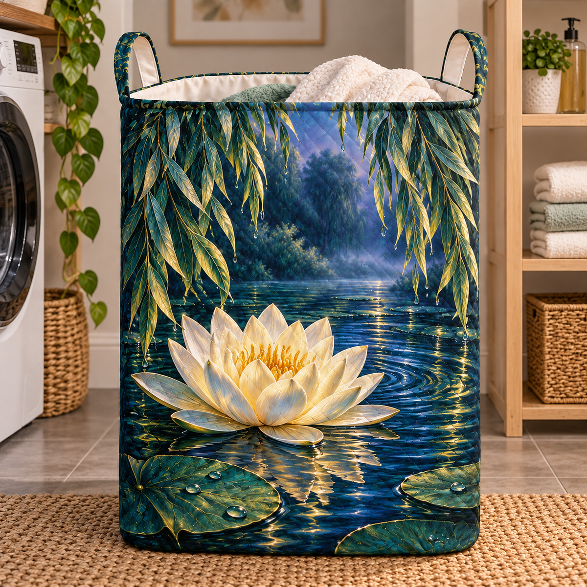 Willow Reedlight Gallery Laundry Hamper with printed optical 3D artwork in its use setting