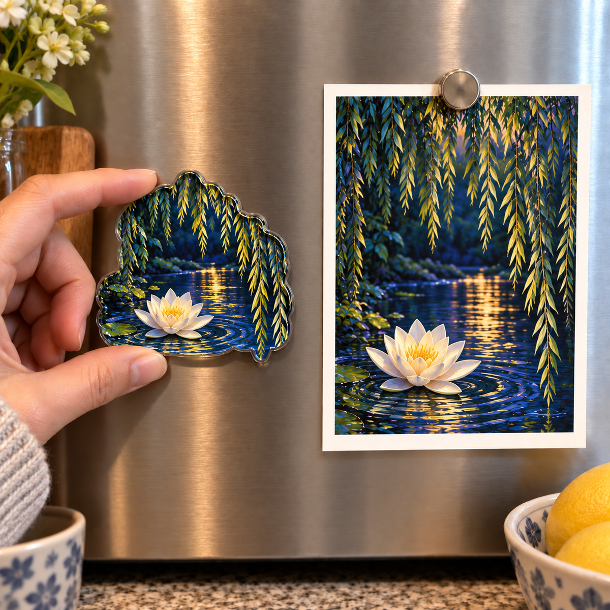 Willow Reedlight Gallery Acrylic Refrigerator Magnet with printed optical 3D artwork in its use setting