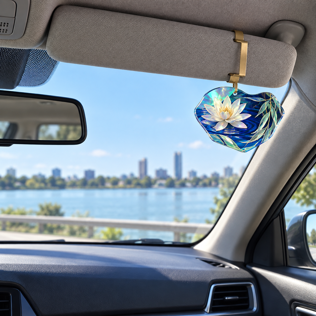 Willow Reedlight Gallery Holographic Car Visor Clip with printed optical 3D artwork in its use setting