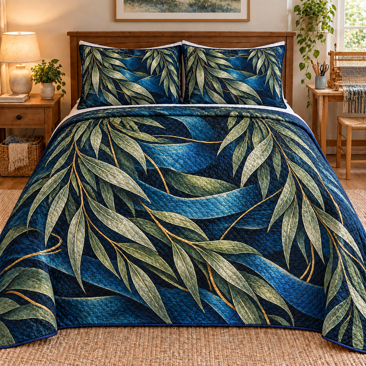 Willow Loomlight Studio Quilted Bedding Set with printed optical 3D artwork in its use setting
