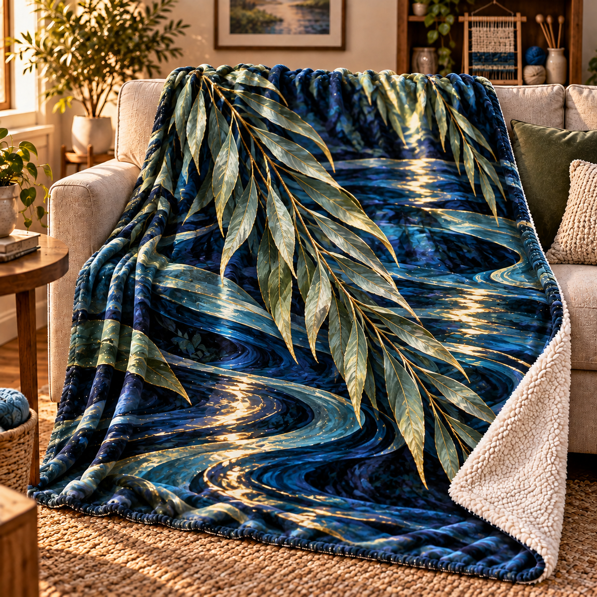 Willow Loomlight Studio Sherpa & Fleece Blanket with printed optical 3D artwork in its use setting