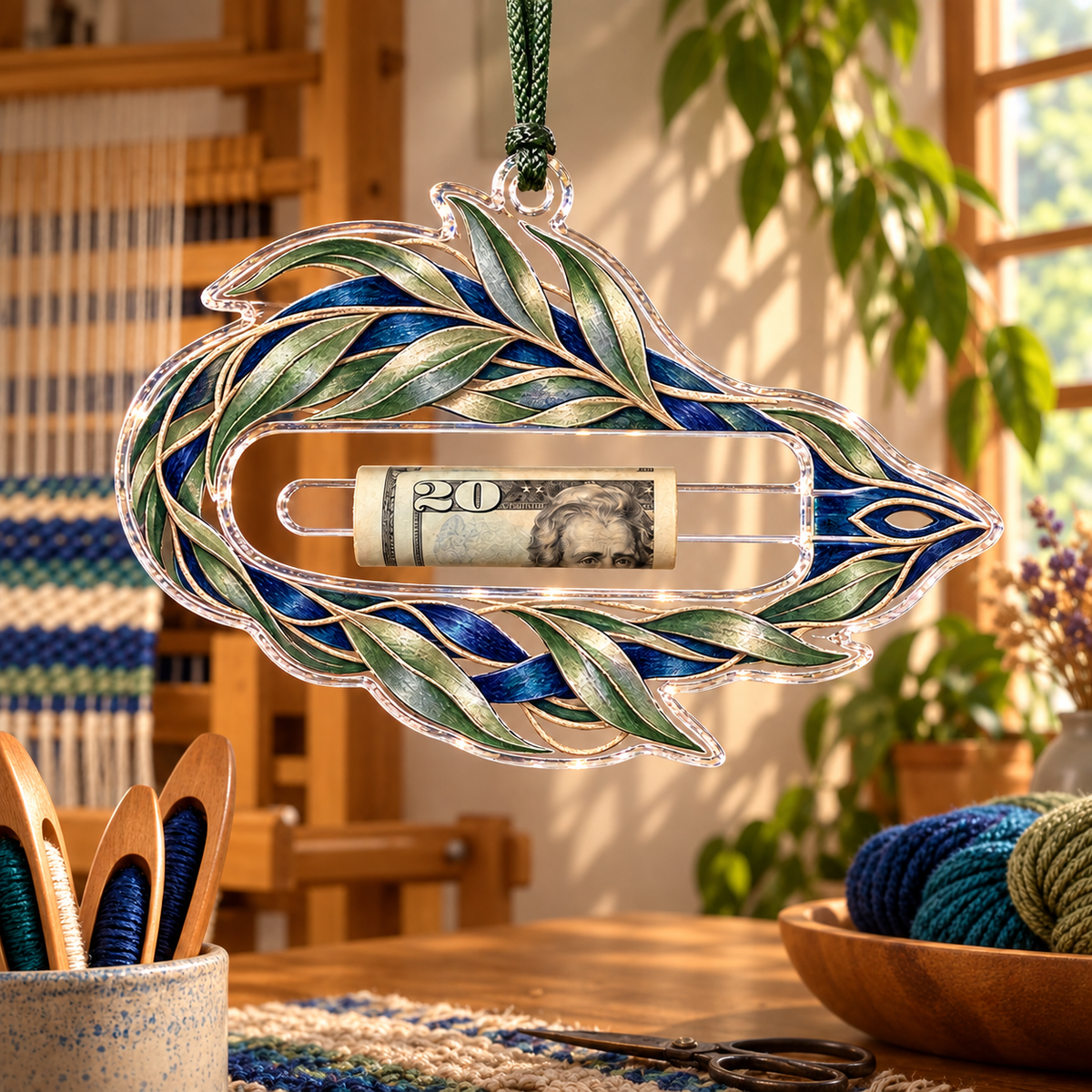 Willow Loomlight Studio Acrylic Cash Holder Ornament with printed optical 3D artwork in its use setting