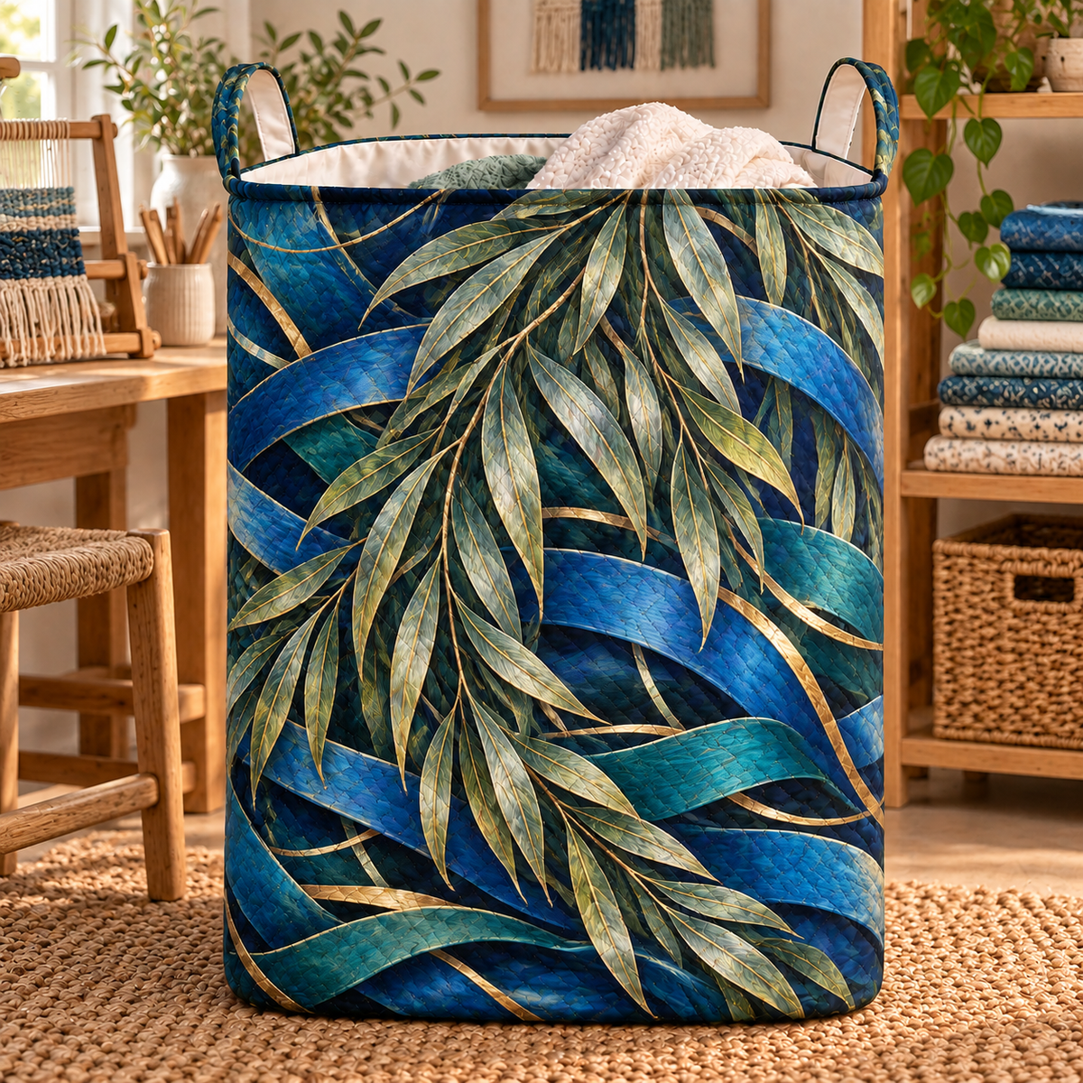 Willow Loomlight Studio Laundry Hamper with printed optical 3D artwork in its use setting