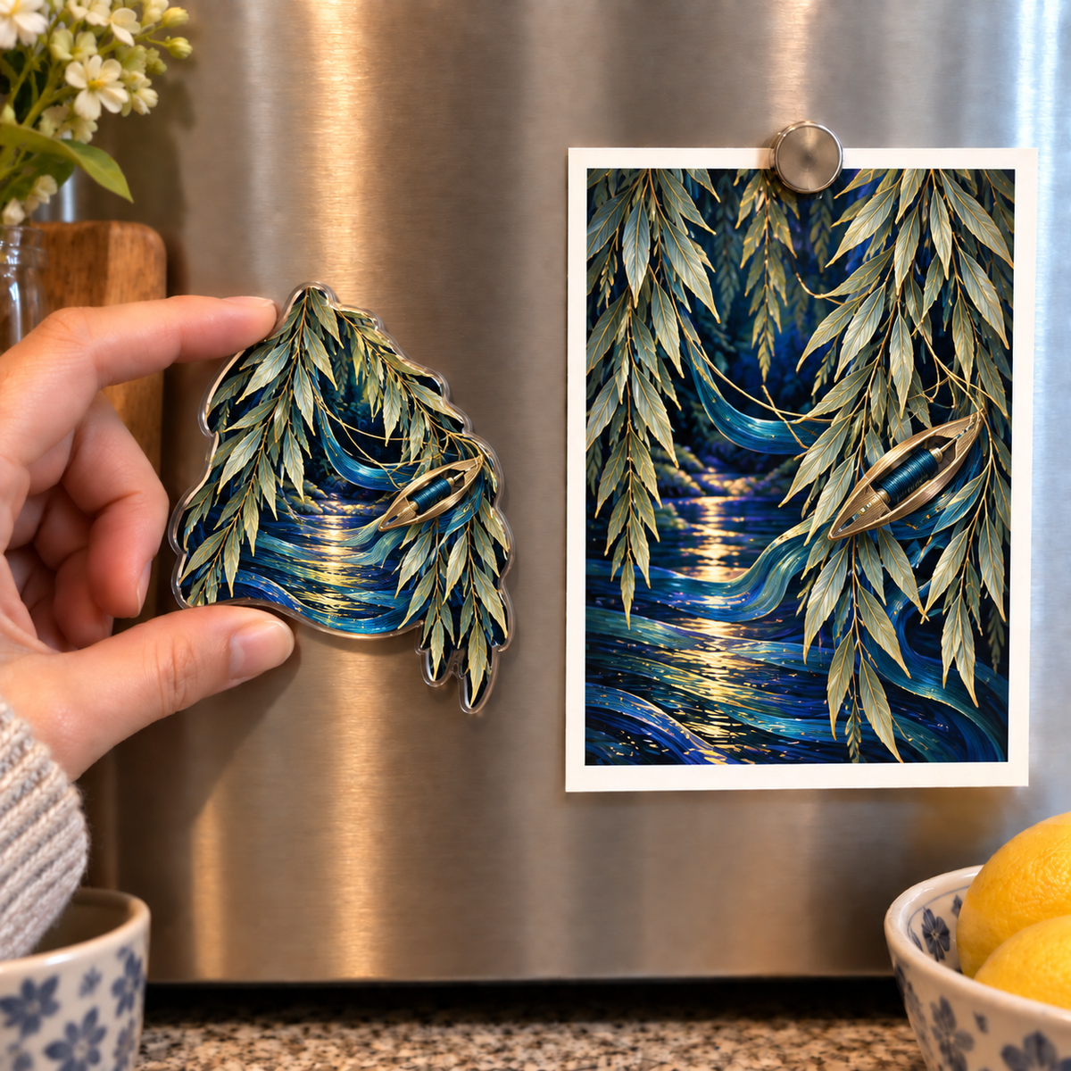 Willow Loomlight Studio Acrylic Refrigerator Magnet with printed optical 3D artwork in its use setting