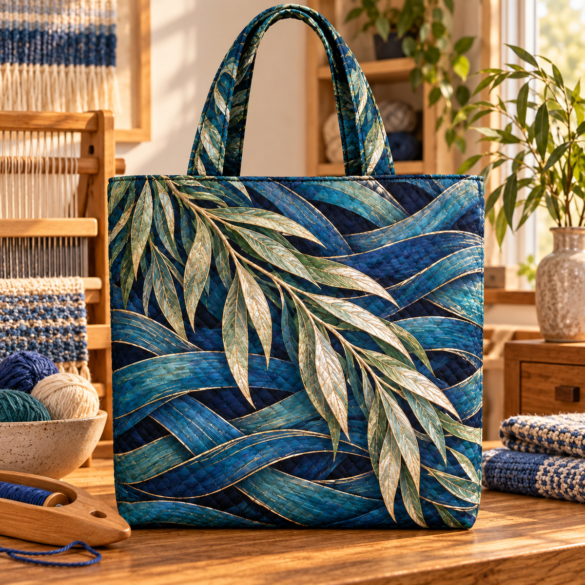 Willow Loomlight Studio Quilted Tote Bag with printed optical 3D artwork in its use setting
