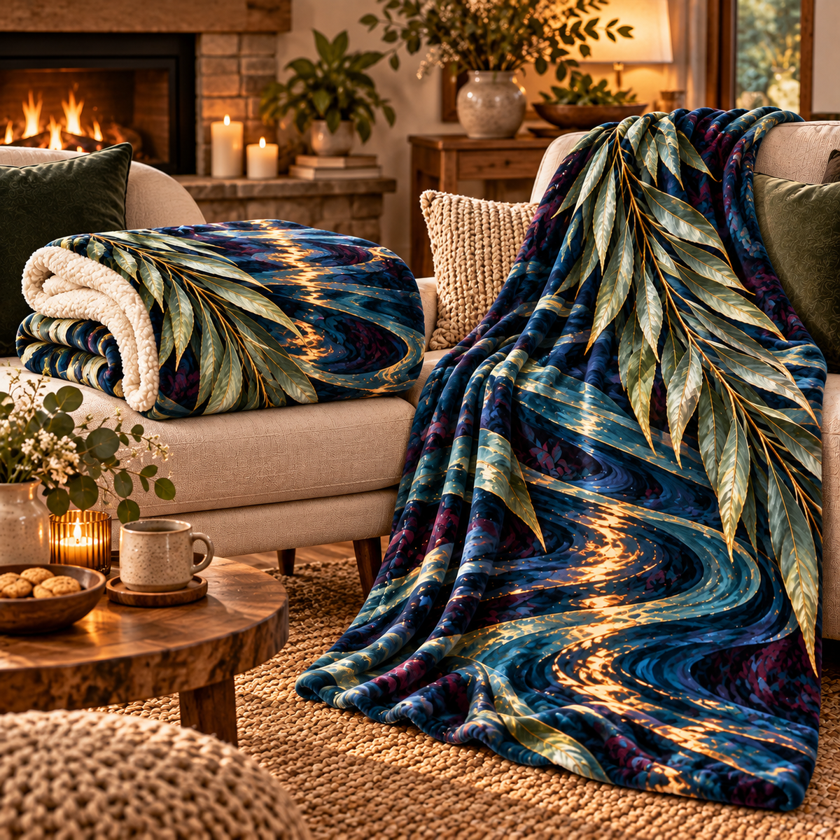 Willow Hearthwave Welcome Sherpa & Fleece Blanket with printed optical 3D artwork in its use setting