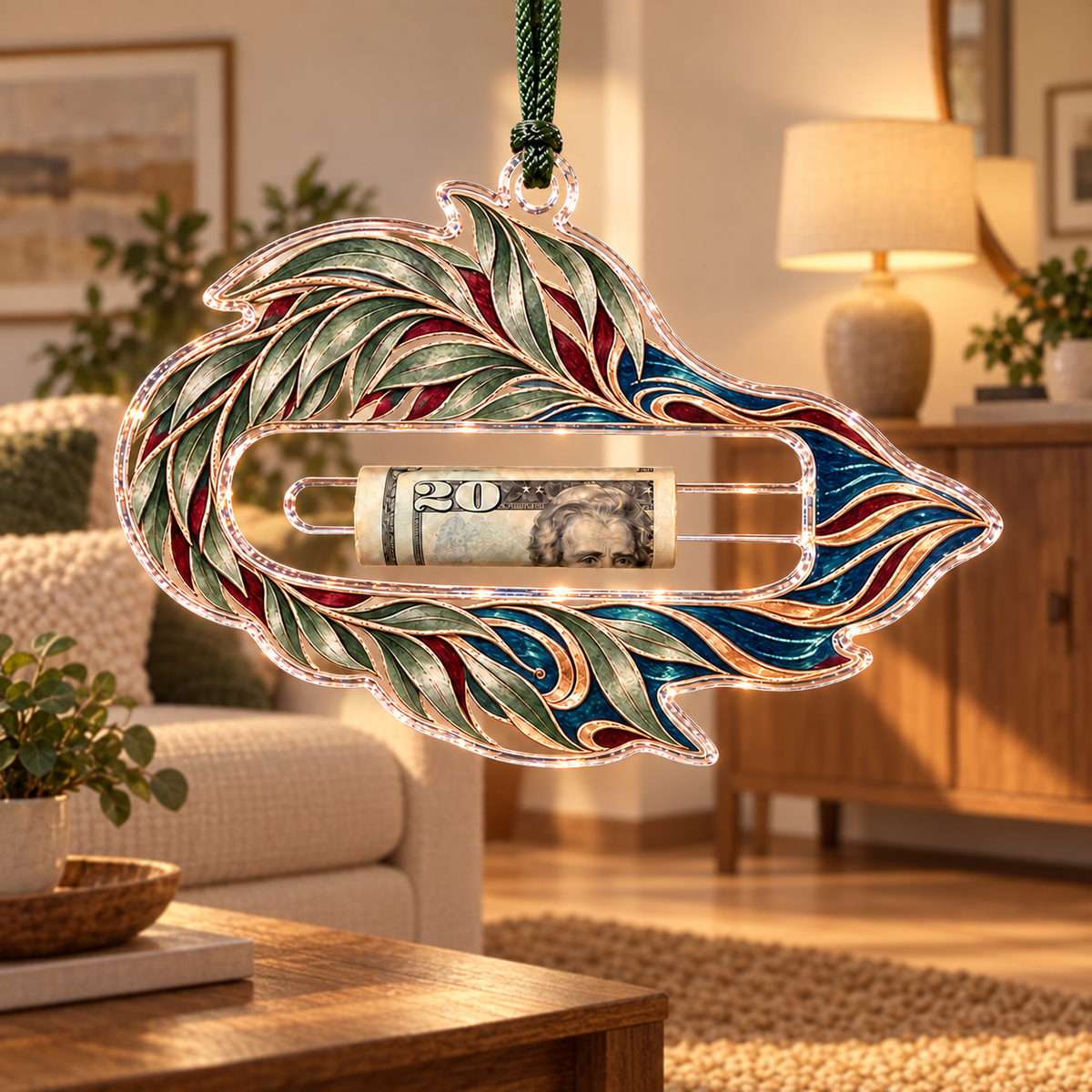 Willow Hearthwave Welcome Acrylic Cash Holder Ornament with printed optical 3D artwork in its use setting