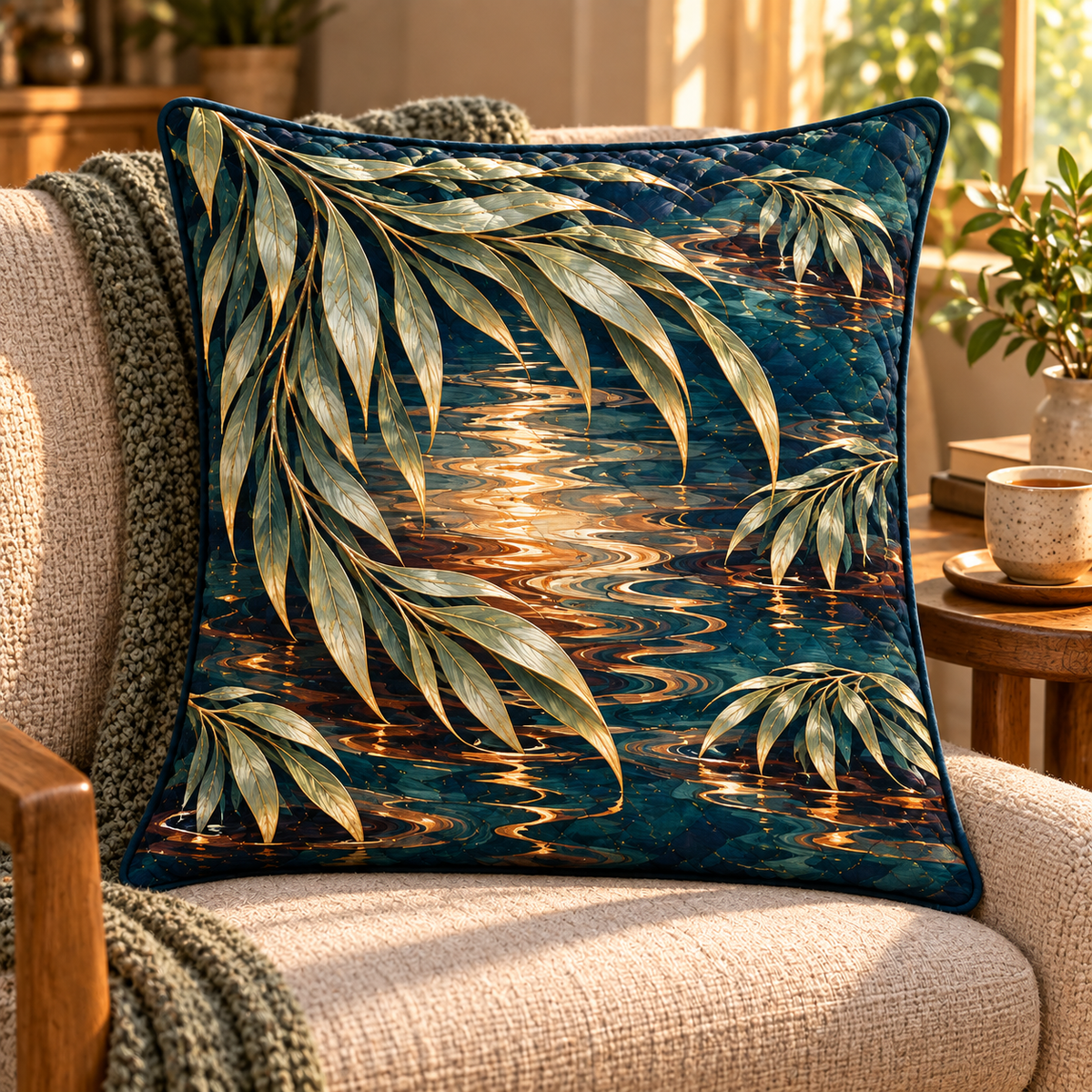 Willow Hearthwave Welcome Quilted Cushion Cover with printed optical 3D artwork in its use setting