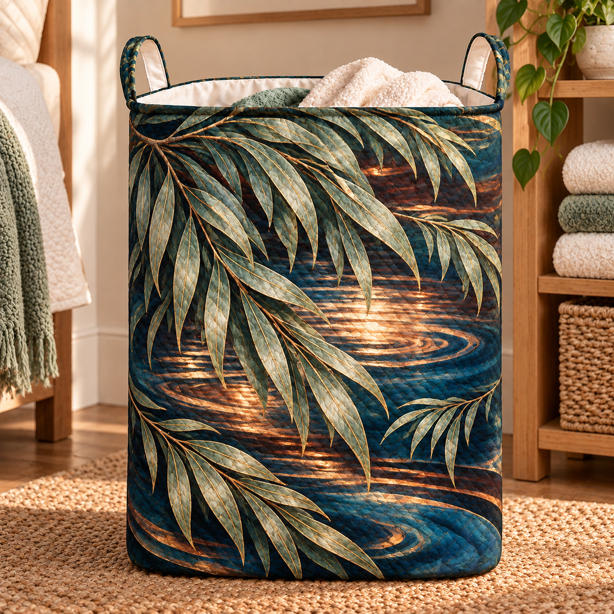 Willow Hearthwave Welcome Laundry Hamper with printed optical 3D artwork in its use setting