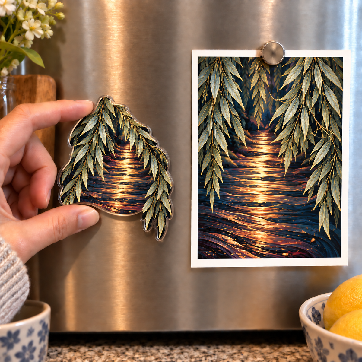 Willow Hearthwave Welcome Acrylic Refrigerator Magnet with printed optical 3D artwork in its use setting