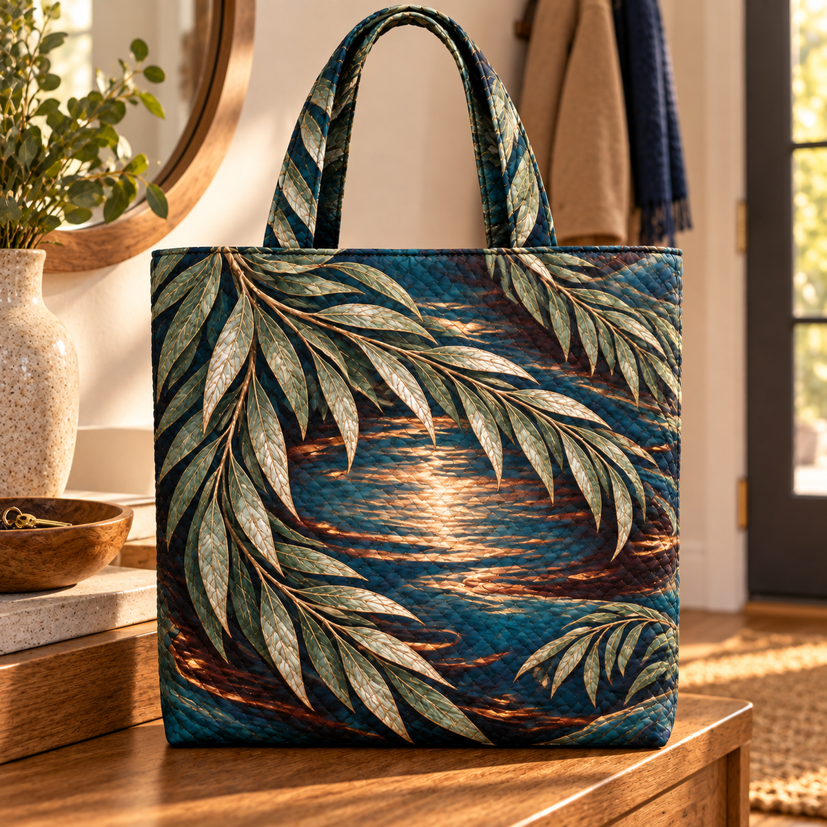 Willow Hearthwave Welcome Quilted Tote Bag with printed optical 3D artwork in its use setting