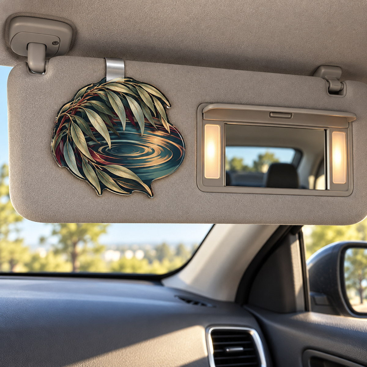 Willow Hearthwave Welcome Holographic Car Visor Clip with printed optical 3D artwork in its use setting