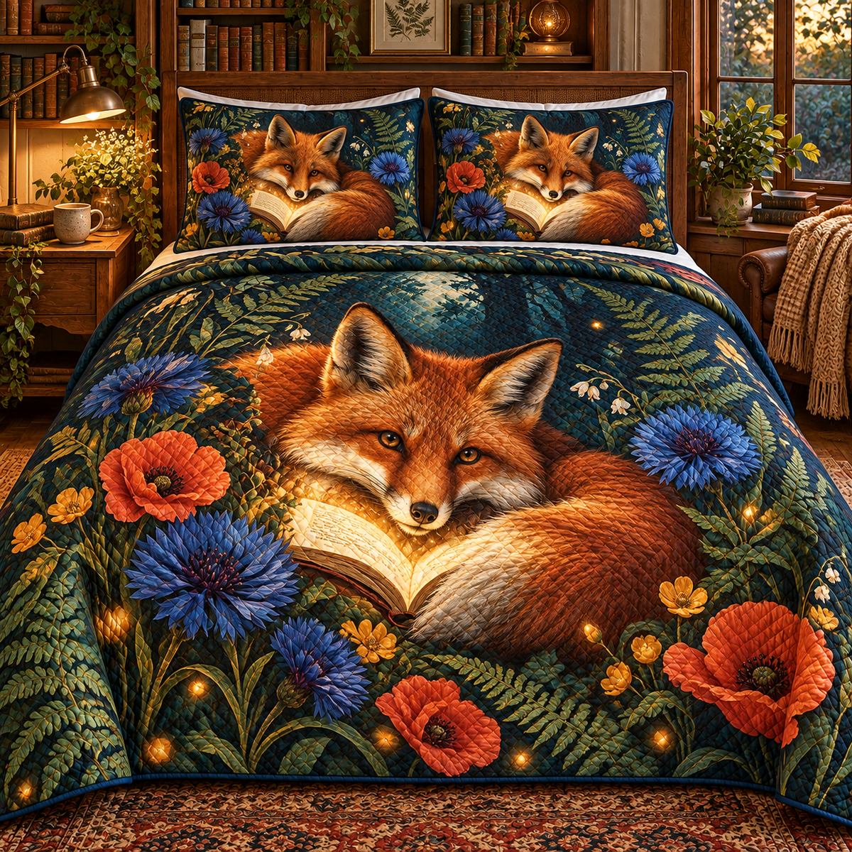 Foxglade Storybloom Quilted Bedding Set with printed optical 3D artwork in its use setting