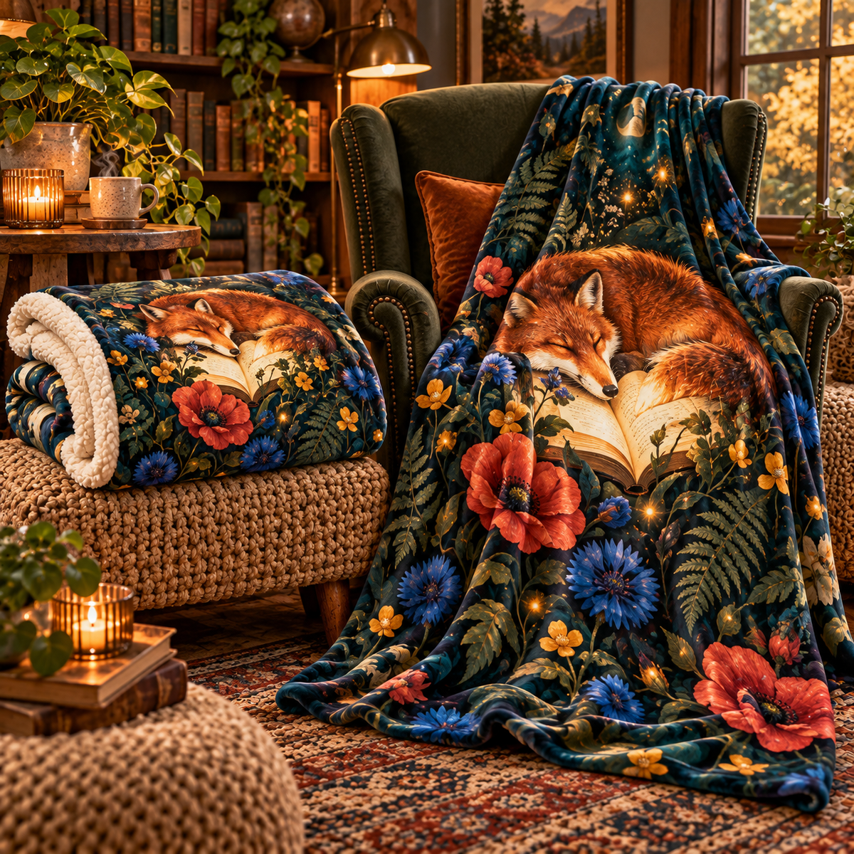 Foxglade Storybloom Sherpa & Fleece Blanket with printed optical 3D artwork in its use setting